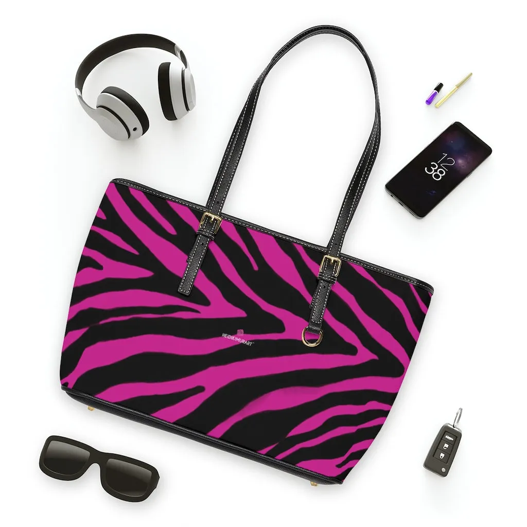 Hot Pink Zebra Tote Bag, Animal Print PU Leather Shoulder Hand Work Bag 17"x11"/ 16"x10" For Ladies