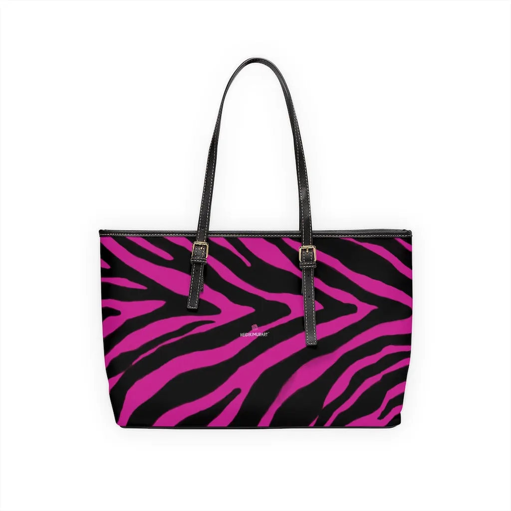 Hot Pink Zebra Tote Bag, Animal Print PU Leather Shoulder Hand Work Bag 17"x11"/ 16"x10" For Ladies