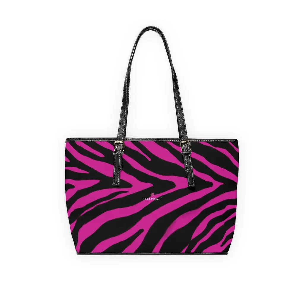 Hot Pink Zebra Tote Bag, Animal Print PU Leather Shoulder Hand Work Bag 17"x11"/ 16"x10" For Ladies