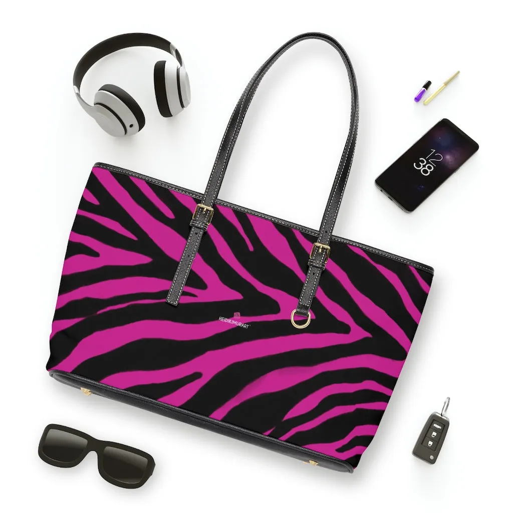 Hot Pink Zebra Tote Bag, Animal Print PU Leather Shoulder Hand Work Bag 17"x11"/ 16"x10" For Ladies