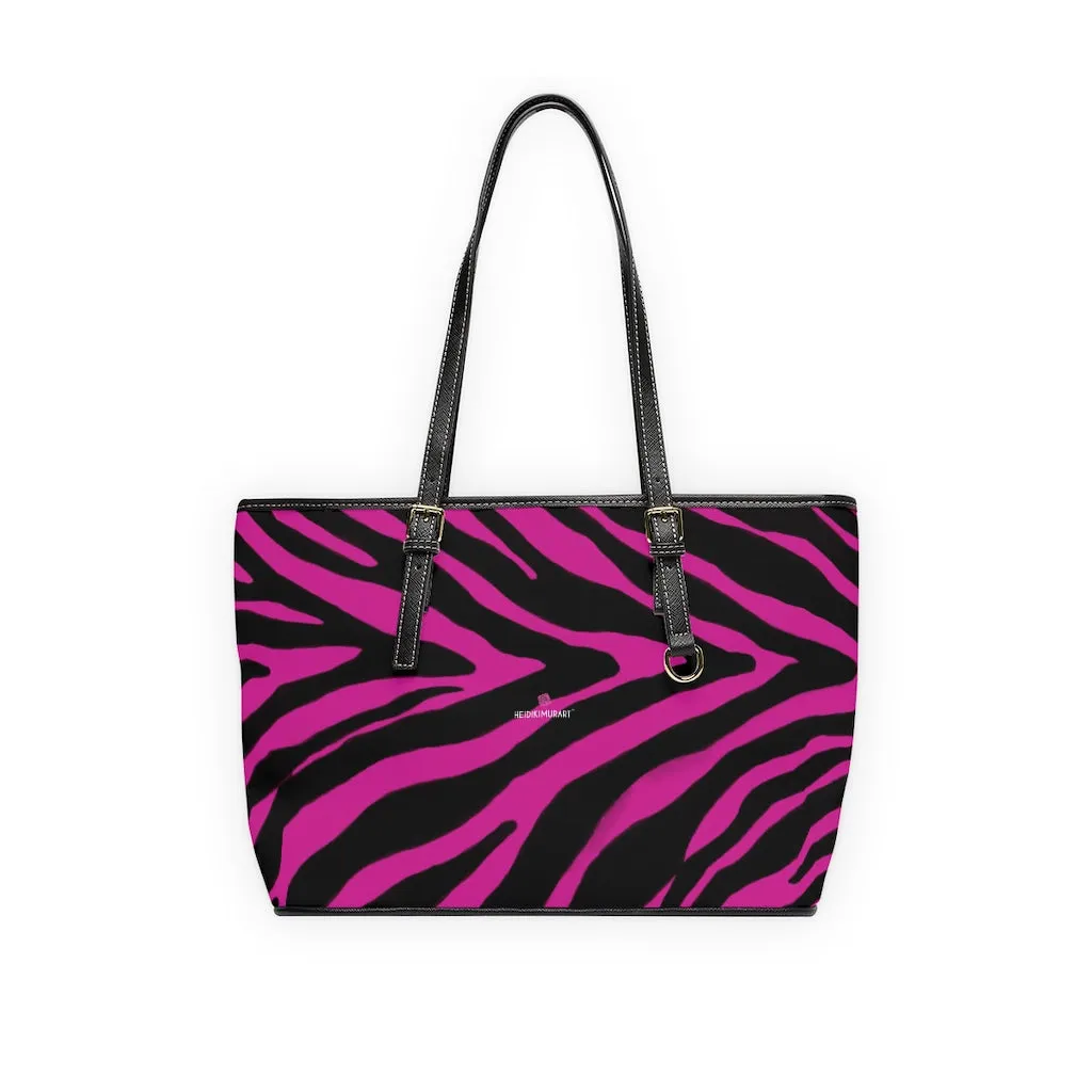 Hot Pink Zebra Tote Bag, Animal Print PU Leather Shoulder Hand Work Bag 17"x11"/ 16"x10" For Ladies