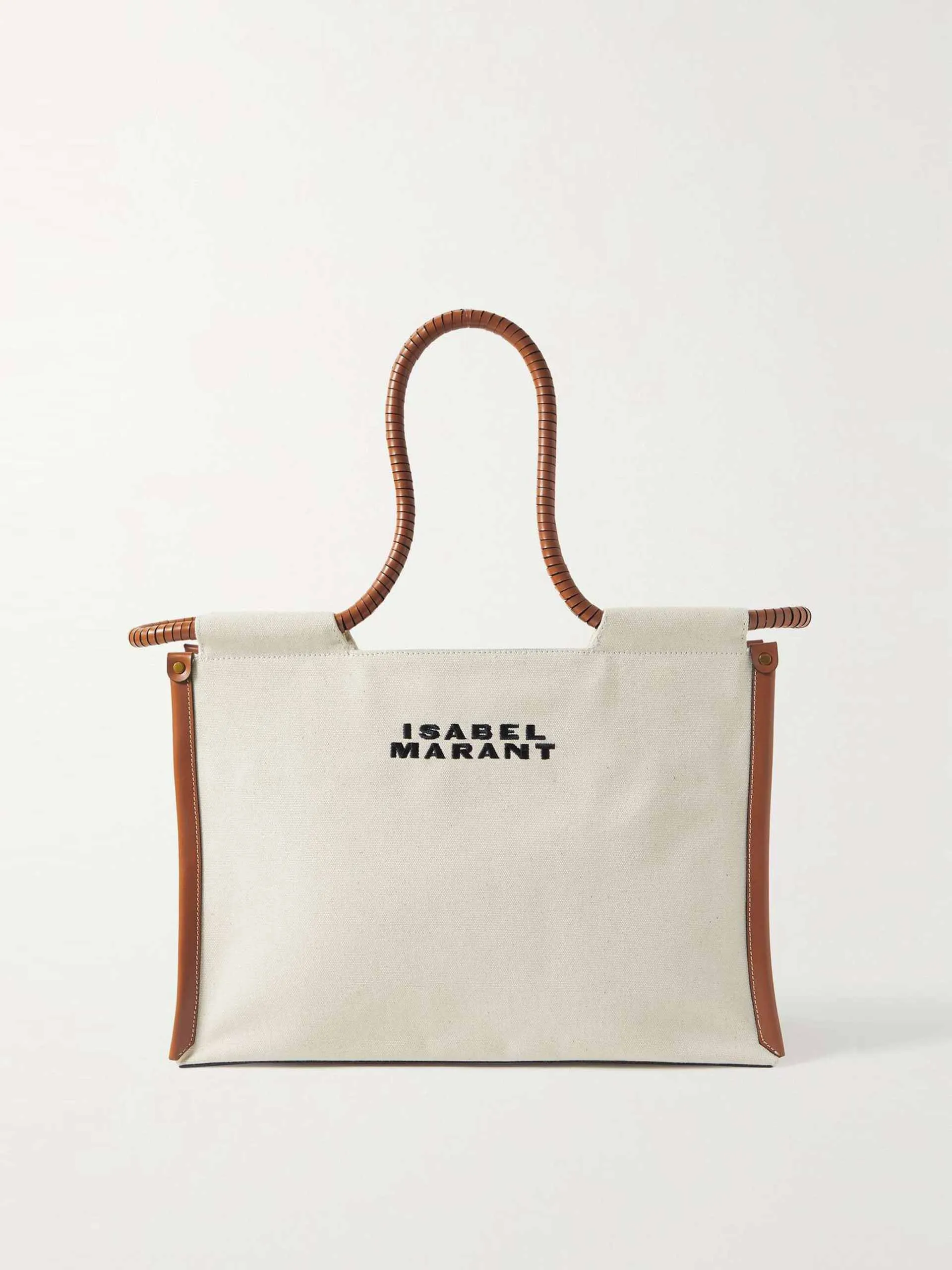 Leather-trimmed embroidered canvas tote