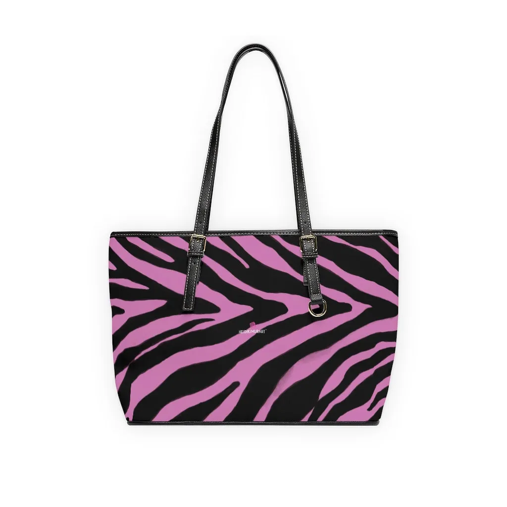 Light Pink Zebra Tote Bag, Animal Print PU Leather Shoulder Hand Work Bag 17"x11"/ 16"x10" For Ladies