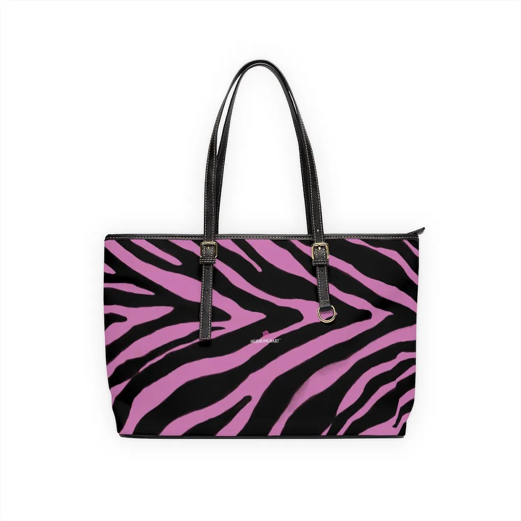 Light Pink Zebra Tote Bag, Animal Print PU Leather Shoulder Hand Work Bag 17"x11"/ 16"x10" For Ladies