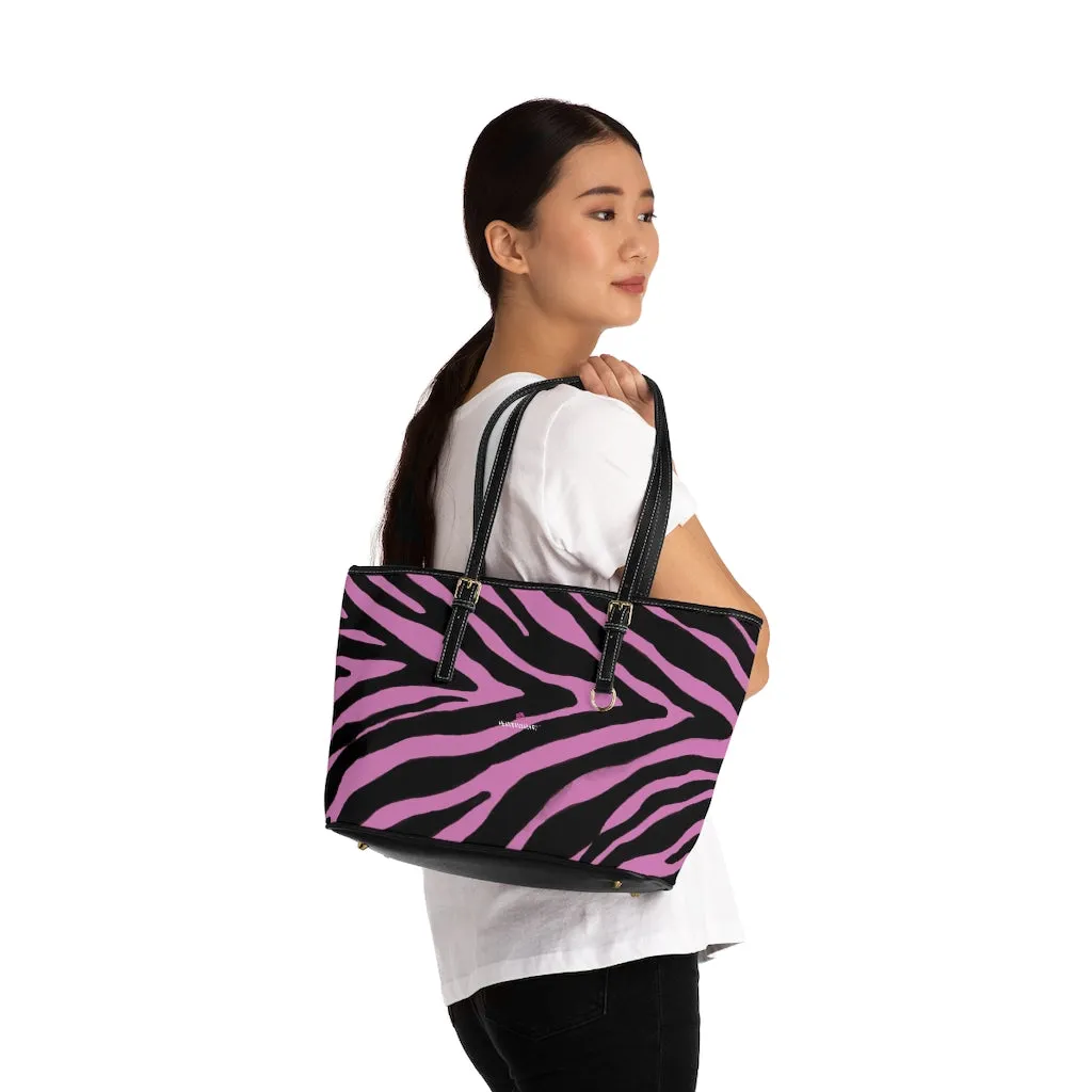 Light Pink Zebra Tote Bag, Animal Print PU Leather Shoulder Hand Work Bag 17"x11"/ 16"x10" For Ladies