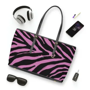 Light Pink Zebra Tote Bag, Animal Print PU Leather Shoulder Hand Work Bag 17"x11"/ 16"x10" For Ladies