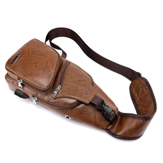 Men's Leather Travel Sling Chest Bag with USB Charging