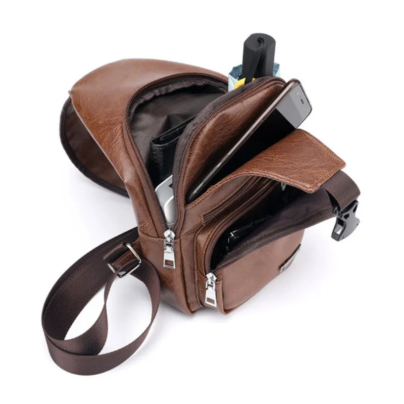 Men's Leather Travel Sling Chest Bag with USB Charging