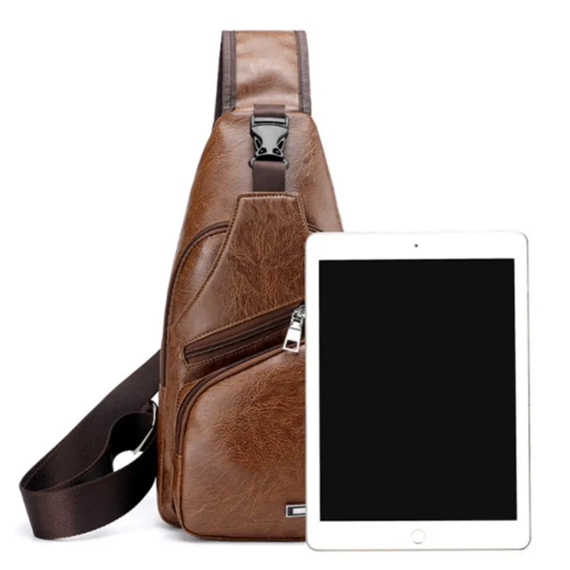 Men's Leather Travel Sling Chest Bag with USB Charging