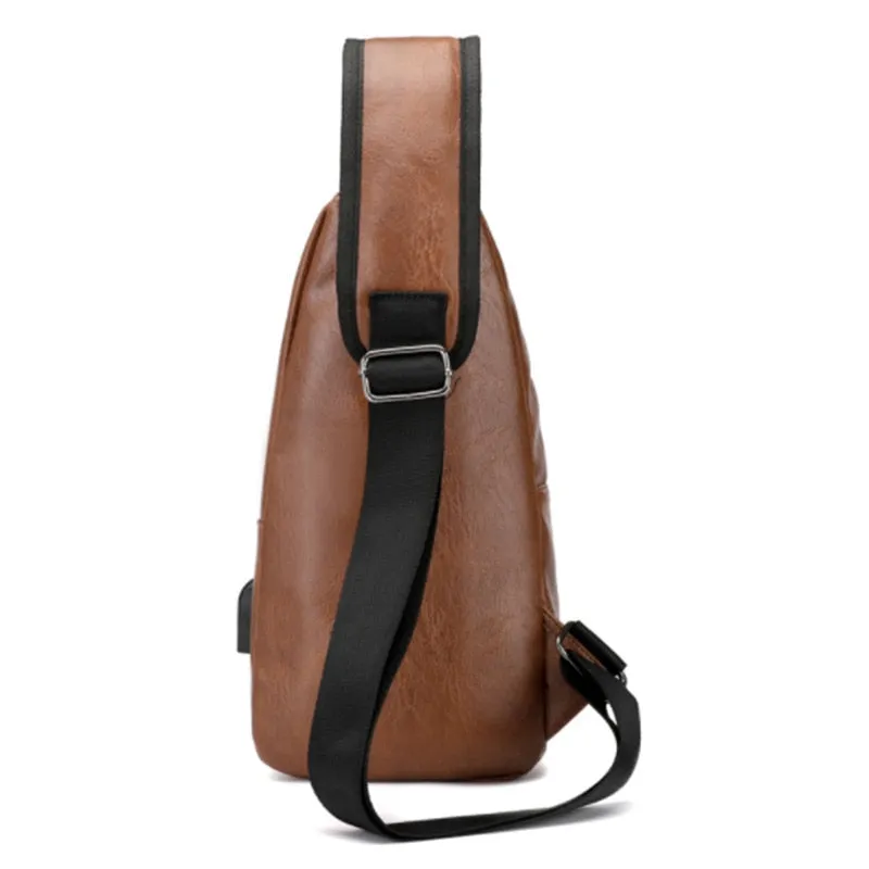 Men's Leather Travel Sling Chest Bag with USB Charging