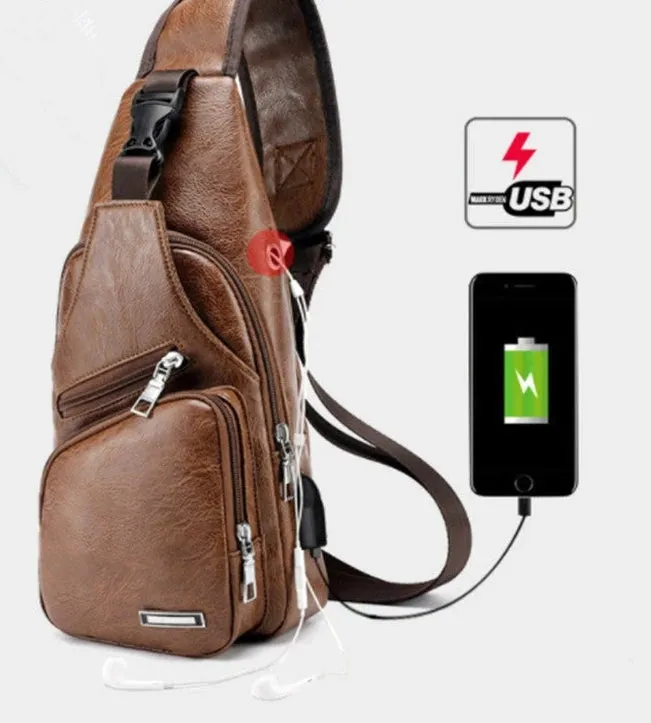 Men's Leather Travel Sling Chest Bag with USB Charging