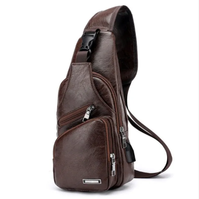 Men's Leather Travel Sling Chest Bag with USB Charging