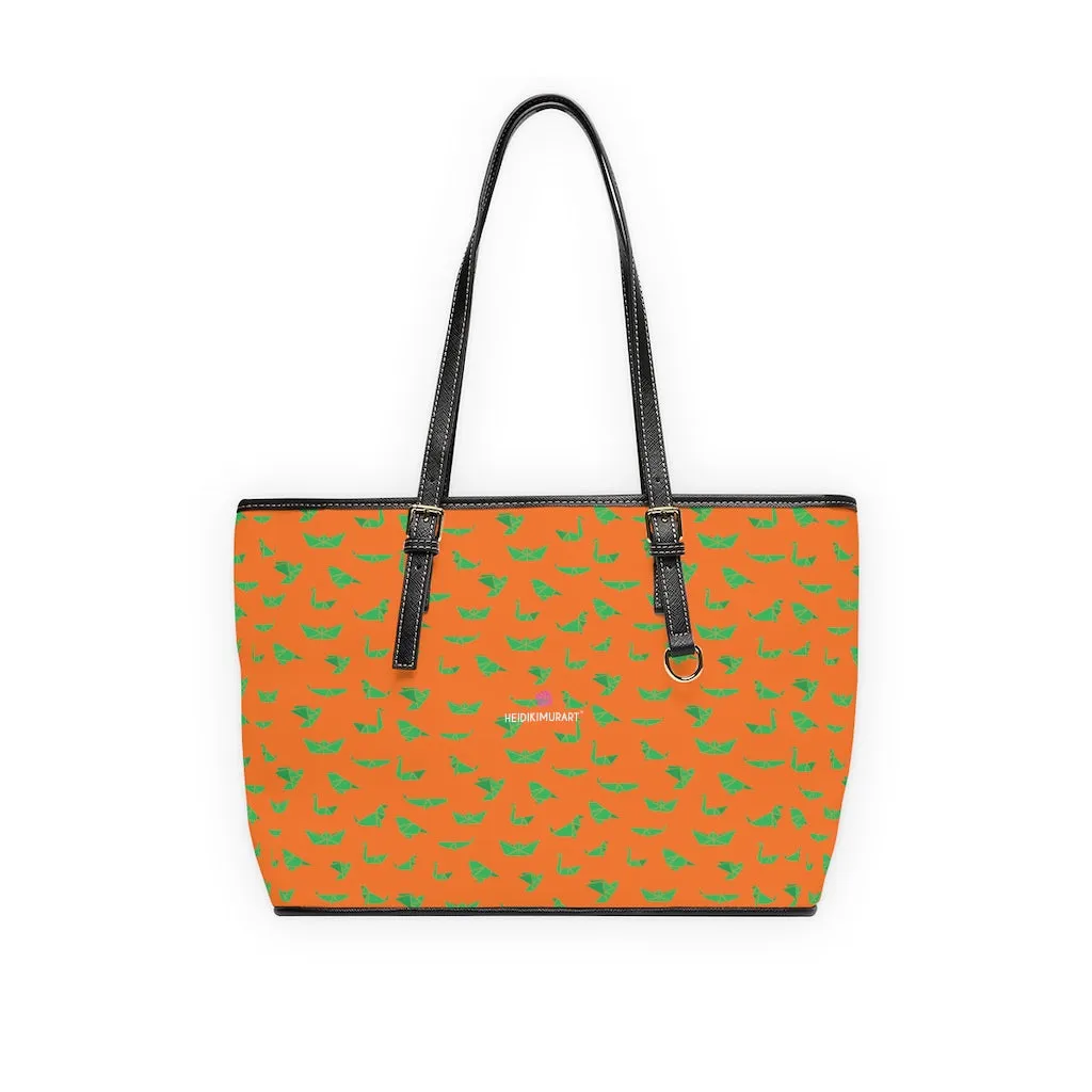 Orange Green Crane Tote Bag, Japanese Style Best PU Leather Shoulder Hand Work Bag 17"x11"/ 16"x10"