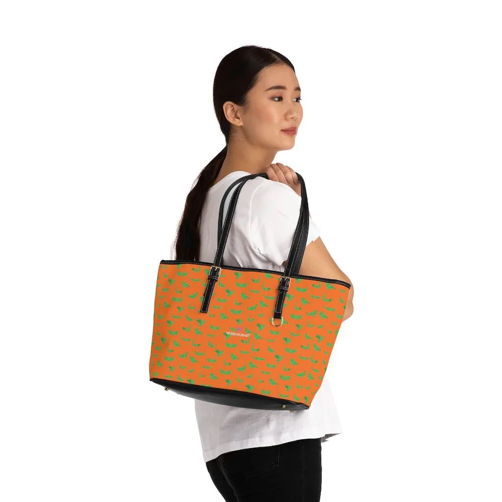 Orange Green Crane Tote Bag, Japanese Style Best PU Leather Shoulder Hand Work Bag 17"x11"/ 16"x10"