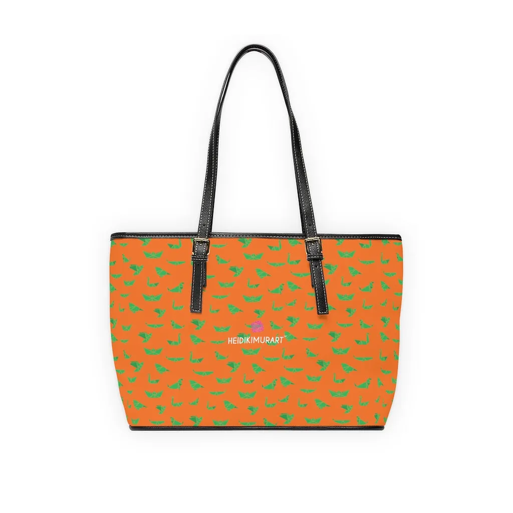 Orange Green Crane Tote Bag, Japanese Style Best PU Leather Shoulder Hand Work Bag 17"x11"/ 16"x10"