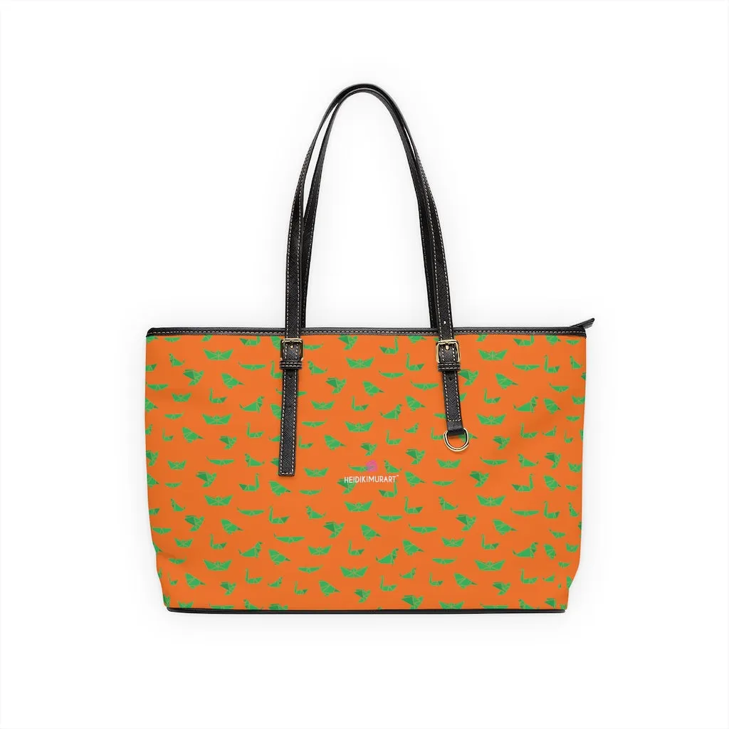 Orange Green Crane Tote Bag, Japanese Style Best PU Leather Shoulder Hand Work Bag 17"x11"/ 16"x10"