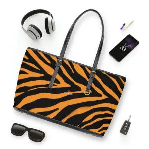 Orange Zebra Tote Bag, Animal Print PU Leather Shoulder Hand Work Bag 17"x11"/ 16"x10" For Ladies