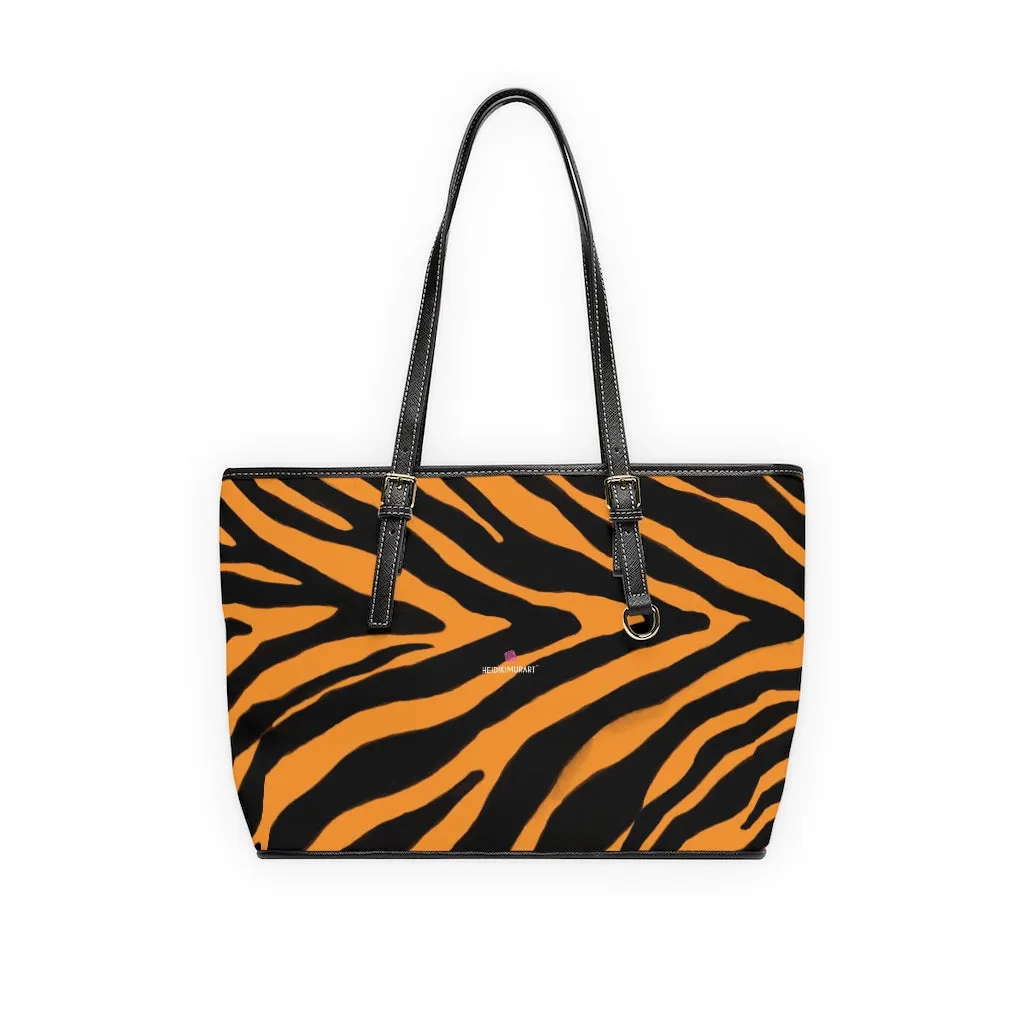 Orange Zebra Tote Bag, Animal Print PU Leather Shoulder Hand Work Bag 17"x11"/ 16"x10" For Ladies