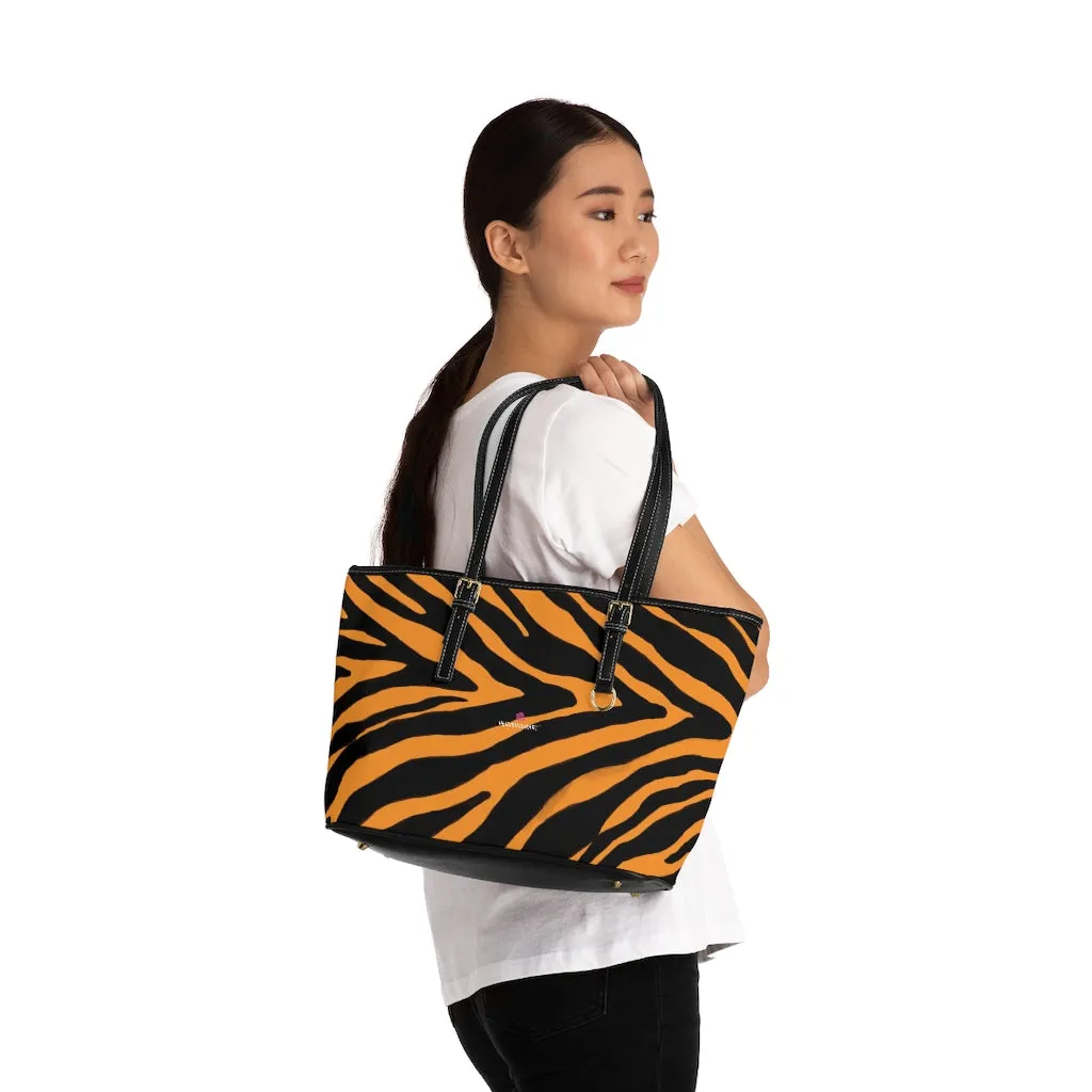 Orange Zebra Tote Bag, Animal Print PU Leather Shoulder Hand Work Bag 17"x11"/ 16"x10" For Ladies