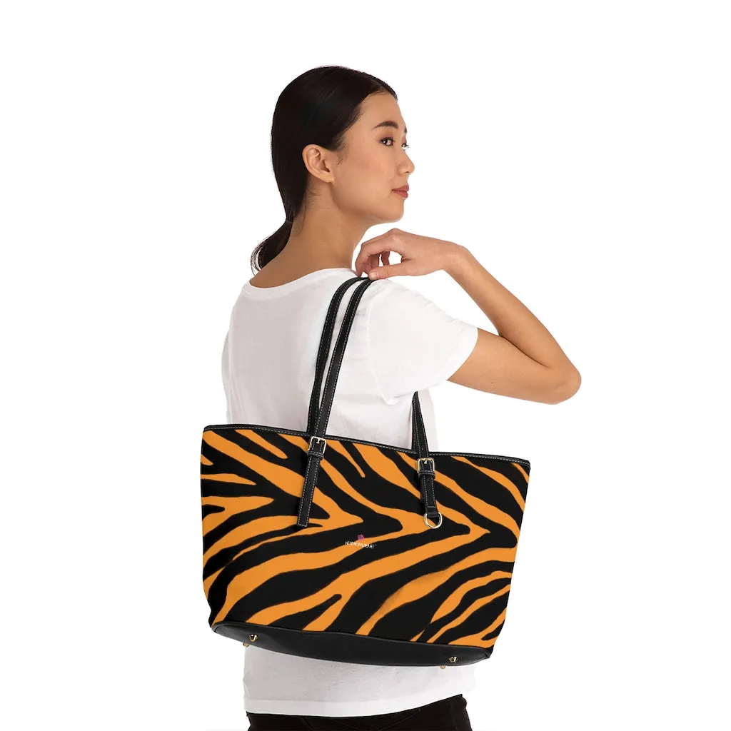 Orange Zebra Tote Bag, Animal Print PU Leather Shoulder Hand Work Bag 17"x11"/ 16"x10" For Ladies