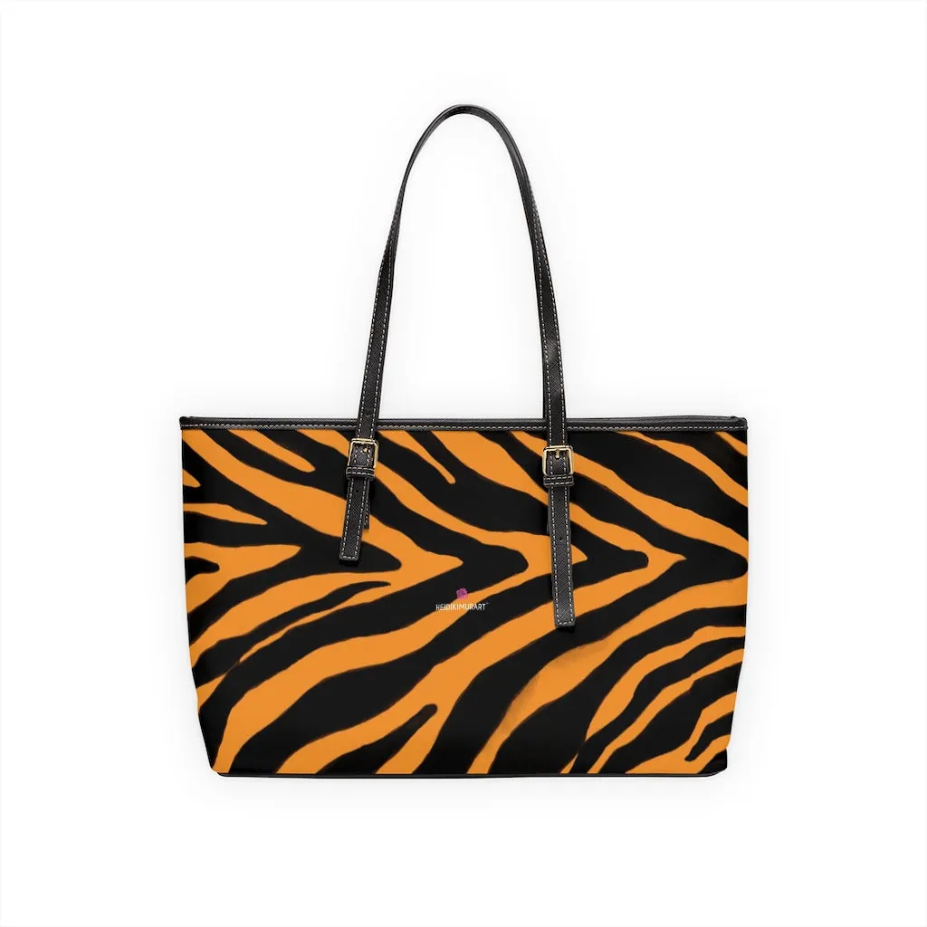 Orange Zebra Tote Bag, Animal Print PU Leather Shoulder Hand Work Bag 17"x11"/ 16"x10" For Ladies