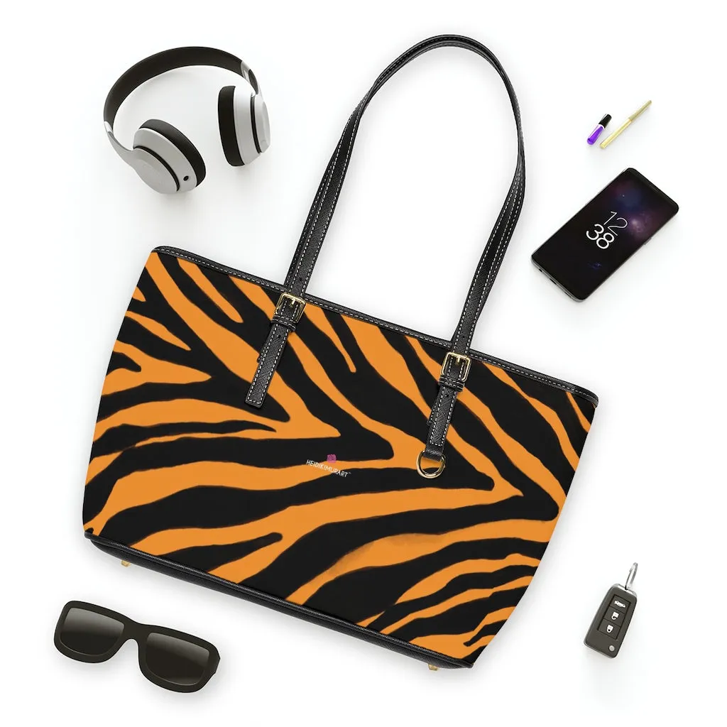 Orange Zebra Tote Bag, Animal Print PU Leather Shoulder Hand Work Bag 17"x11"/ 16"x10" For Ladies