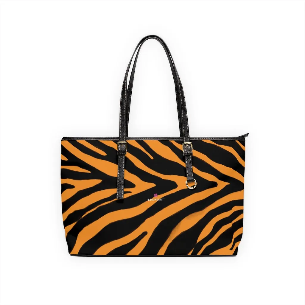 Orange Zebra Tote Bag, Animal Print PU Leather Shoulder Hand Work Bag 17"x11"/ 16"x10" For Ladies