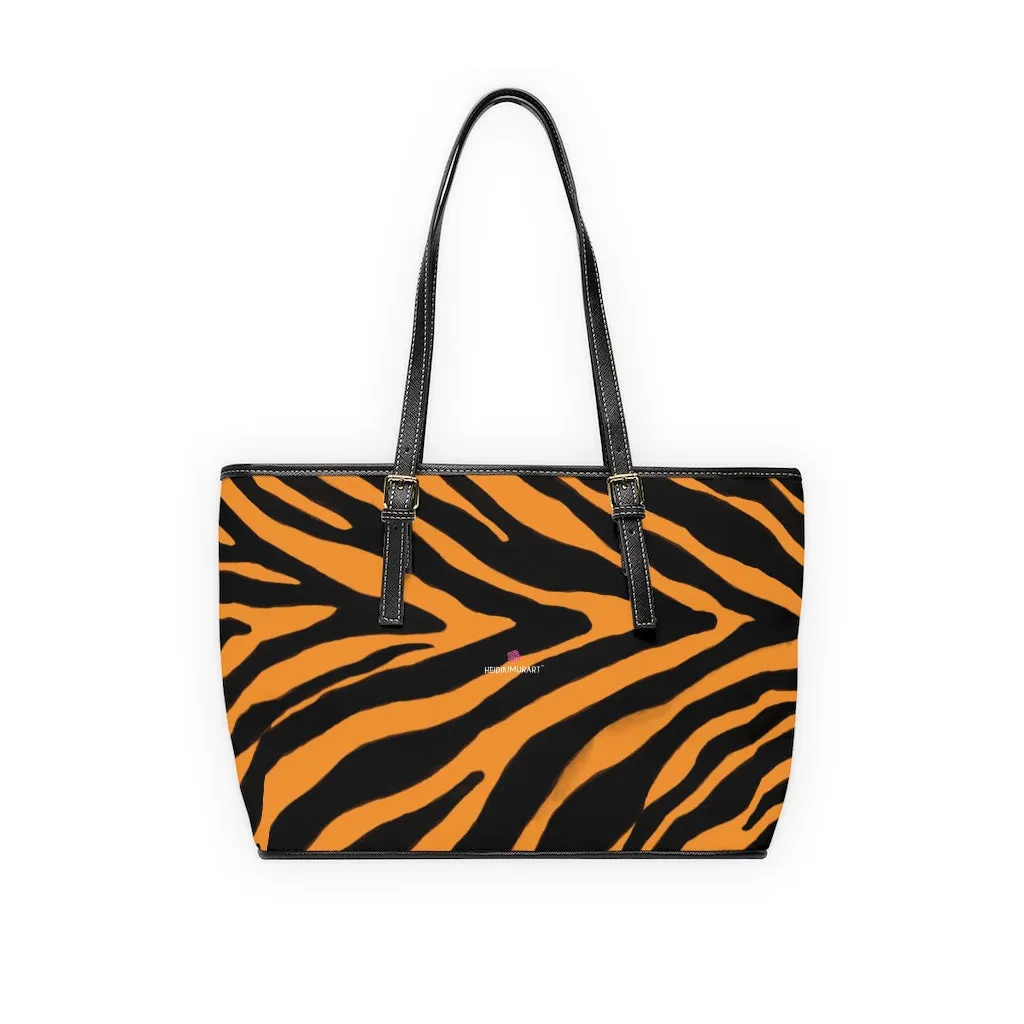 Orange Zebra Tote Bag, Animal Print PU Leather Shoulder Hand Work Bag 17"x11"/ 16"x10" For Ladies