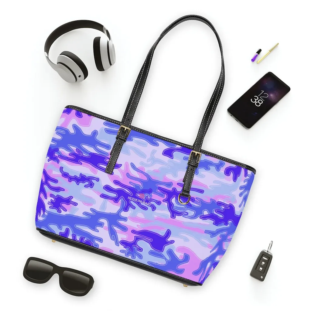 Pale Purple Camo Tote Bag, Army Printed PU Leather Shoulder Hand Work Bag 17"x11"/ 16"x10"