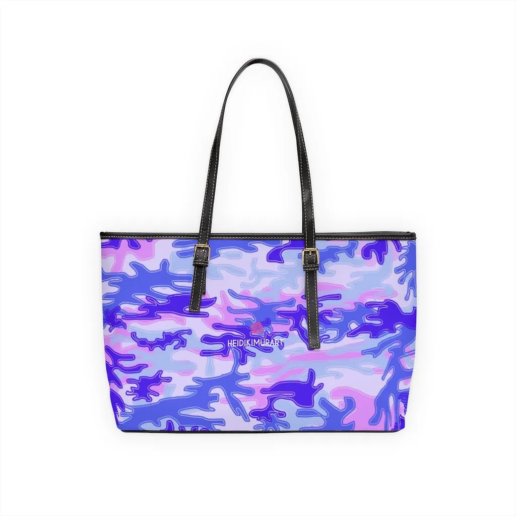 Pale Purple Camo Tote Bag, Army Printed PU Leather Shoulder Hand Work Bag 17"x11"/ 16"x10"