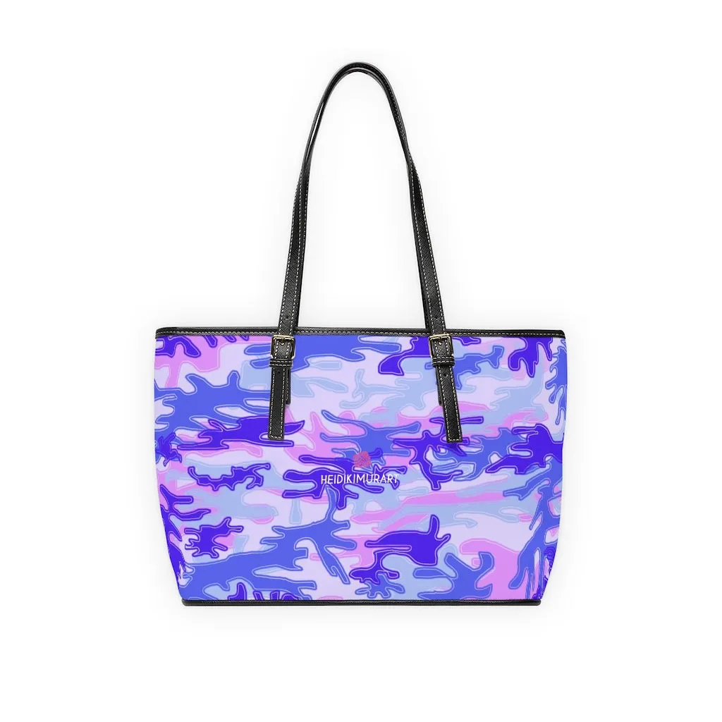 Pale Purple Camo Tote Bag, Army Printed PU Leather Shoulder Hand Work Bag 17"x11"/ 16"x10"