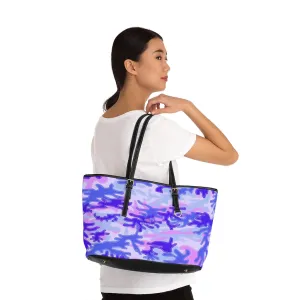 Pale Purple Camo Tote Bag, Army Printed PU Leather Shoulder Hand Work Bag 17"x11"/ 16"x10"