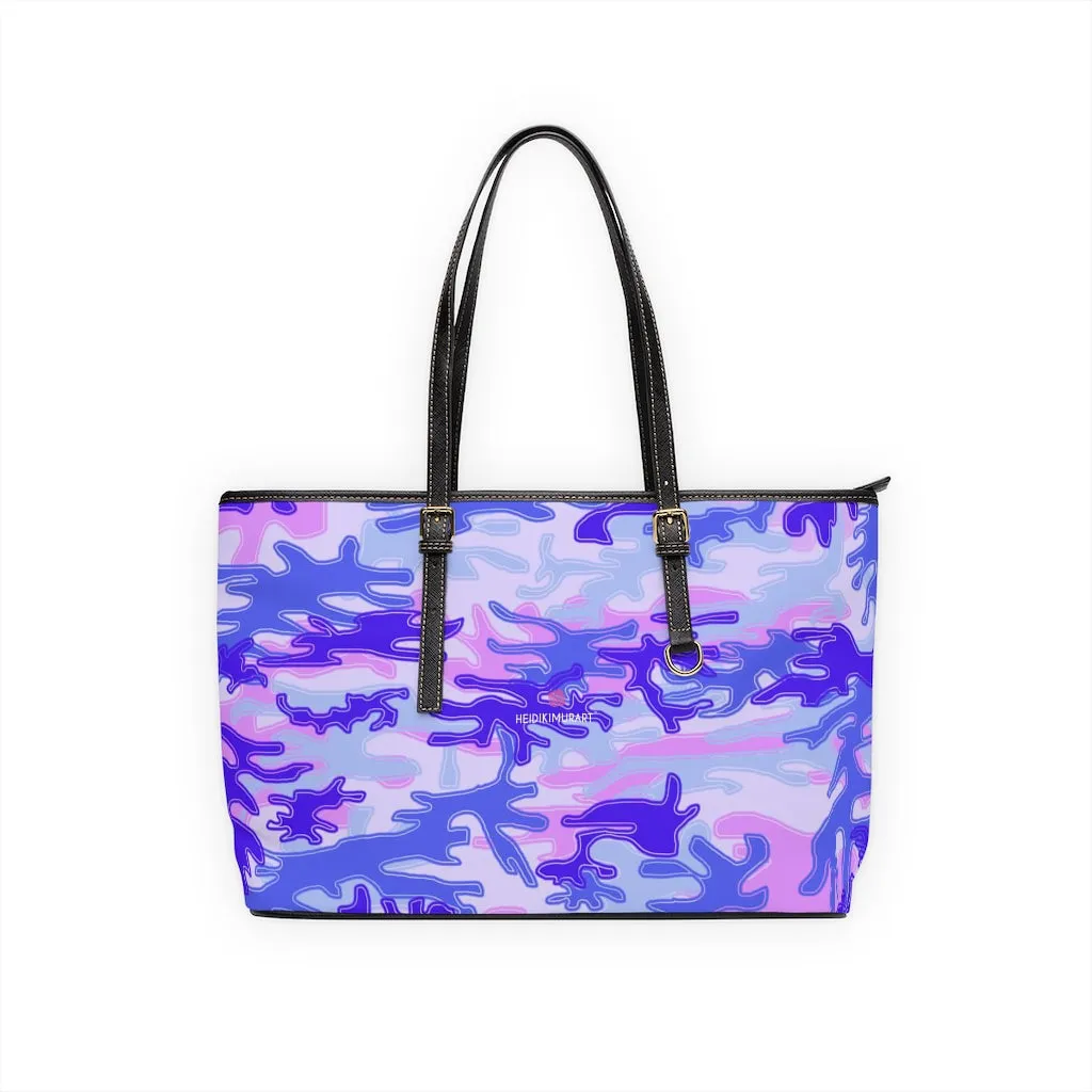 Pale Purple Camo Tote Bag, Army Printed PU Leather Shoulder Hand Work Bag 17"x11"/ 16"x10"