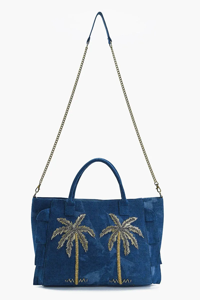 Palm Glitz Embellished Denim Tote