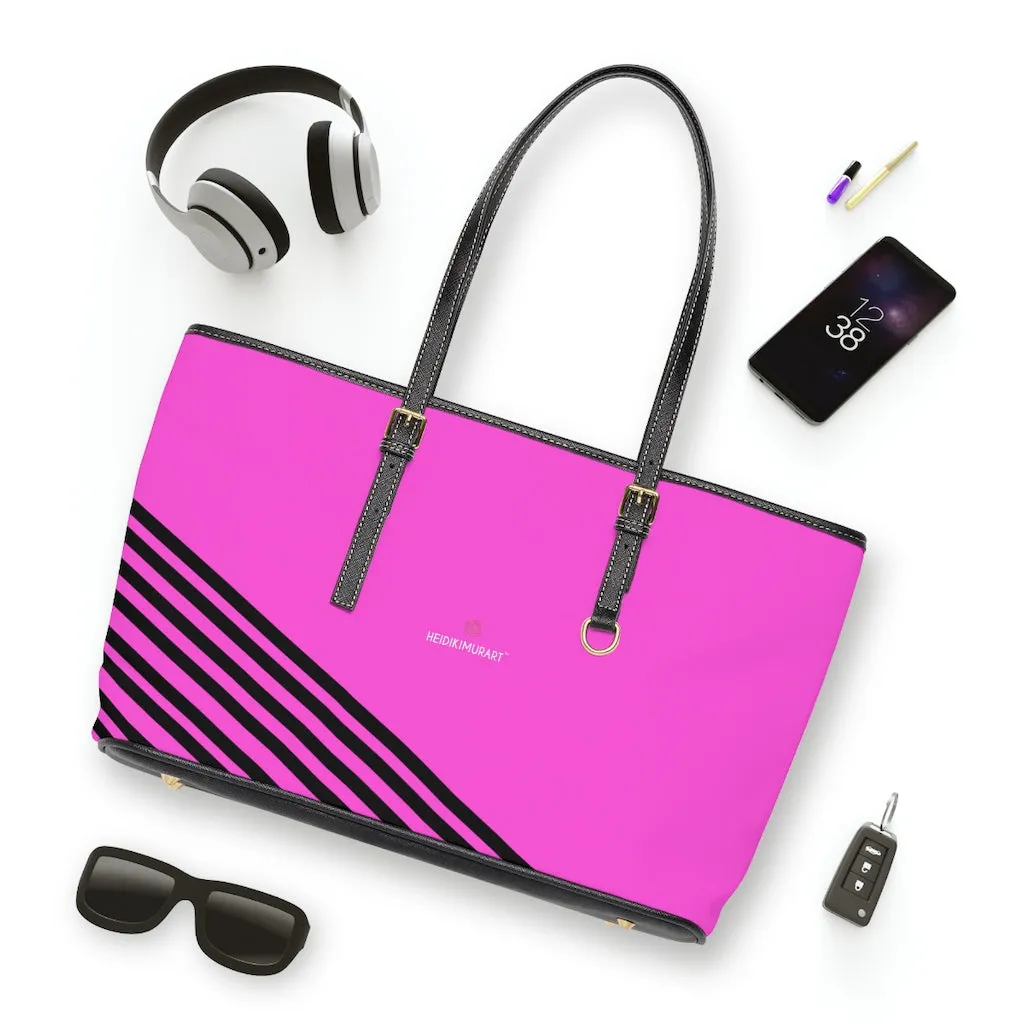 Pink Black Striped Tote Bag, Best Designer PU Leather Shoulder Hand Work Bag 17"x11"/ 16"x10"