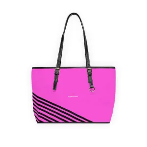 Pink Black Striped Tote Bag, Best Designer PU Leather Shoulder Hand Work Bag 17"x11"/ 16"x10"