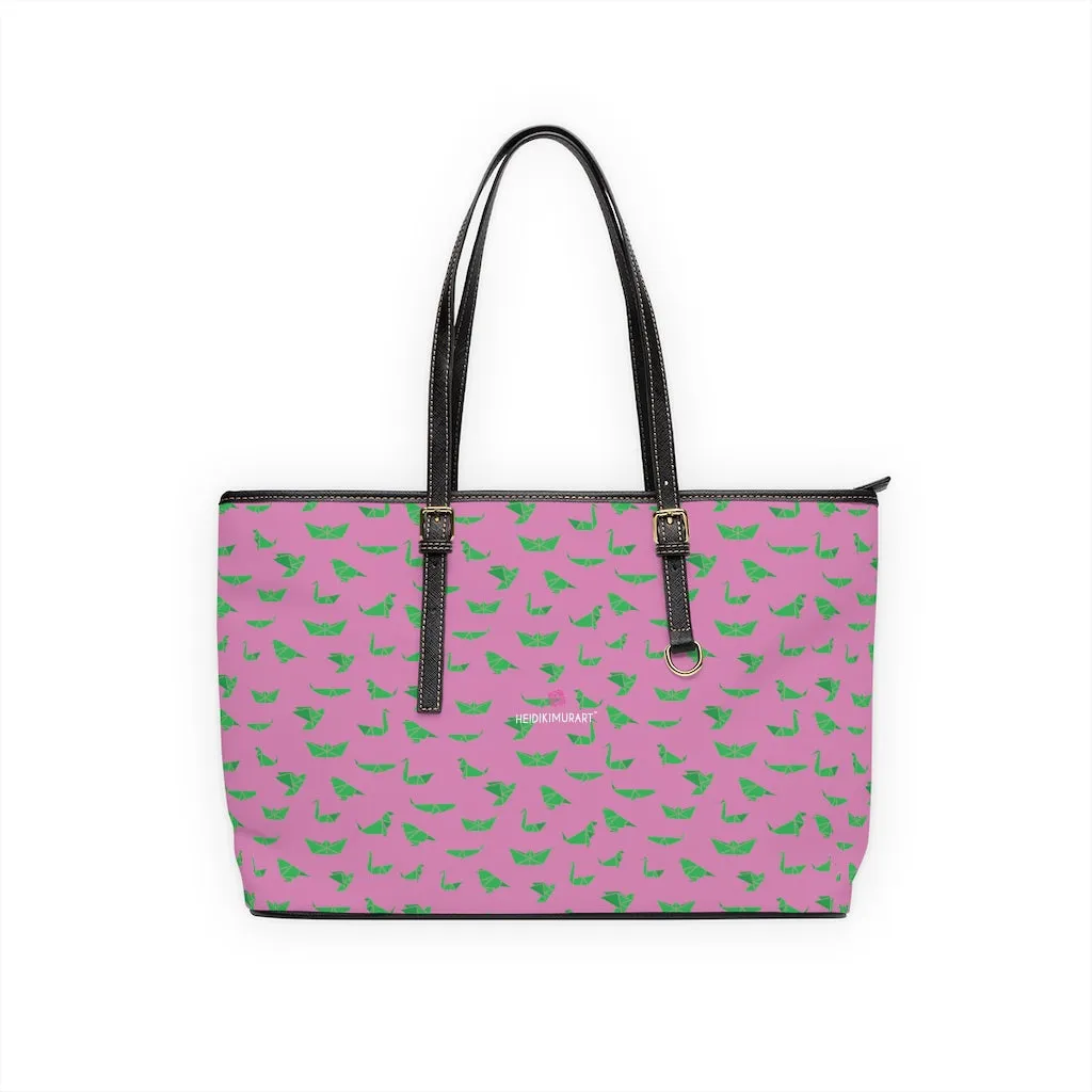 Pink Crane Print Tote Bag, Japanese Style PU Leather Shoulder Hand Work Bag 17"x11"/ 16"x10"