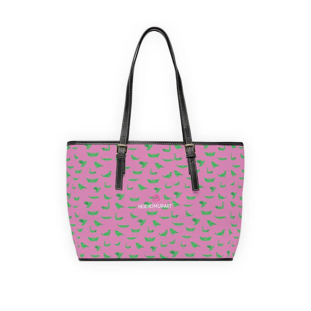 Pink Crane Print Tote Bag, Japanese Style PU Leather Shoulder Hand Work Bag 17"x11"/ 16"x10"