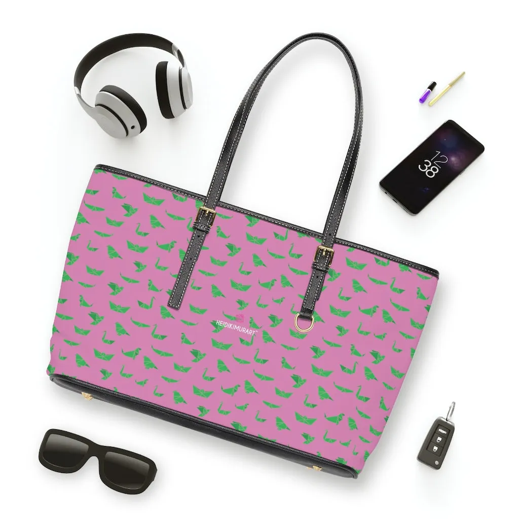 Pink Crane Print Tote Bag, Japanese Style PU Leather Shoulder Hand Work Bag 17"x11"/ 16"x10"