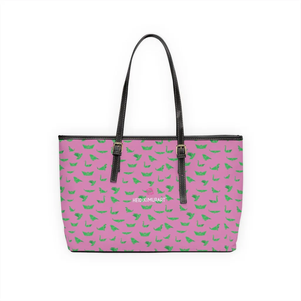 Pink Crane Print Tote Bag, Japanese Style PU Leather Shoulder Hand Work Bag 17"x11"/ 16"x10"