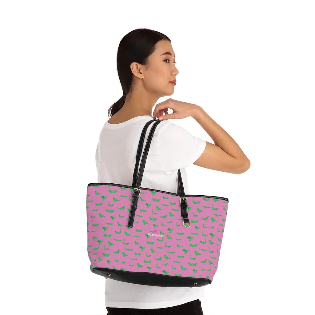 Pink Crane Print Tote Bag, Japanese Style PU Leather Shoulder Hand Work Bag 17"x11"/ 16"x10"