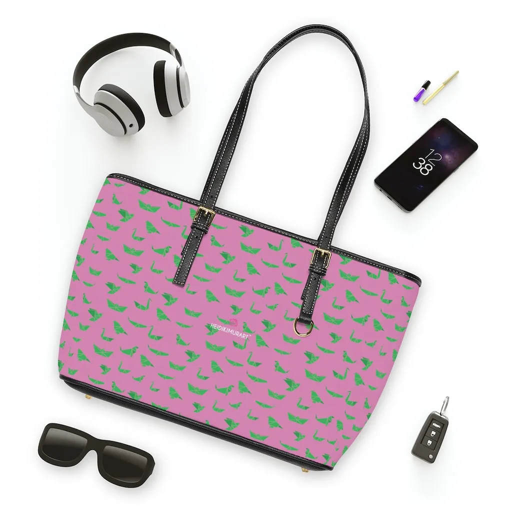 Pink Crane Print Tote Bag, Japanese Style PU Leather Shoulder Hand Work Bag 17"x11"/ 16"x10"