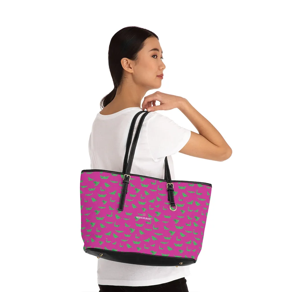 Pink Green Crane Tote Bag, Japanese Style Best PU Leather Shoulder Hand Work Bag 17"x11"/ 16"x10"