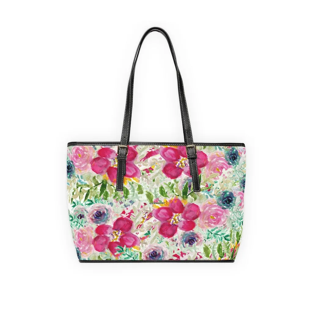 Pink Rose Floral Tote Bag, Flower Print Best Designer Women's PU Leather Shoulder Hand Work Bag