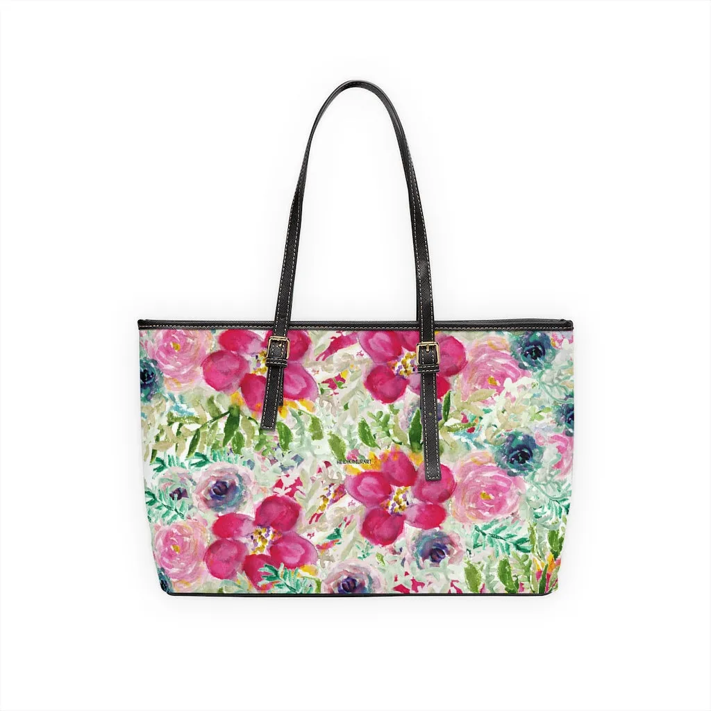 Pink Rose Floral Tote Bag, Flower Print Best Designer Women's PU Leather Shoulder Hand Work Bag