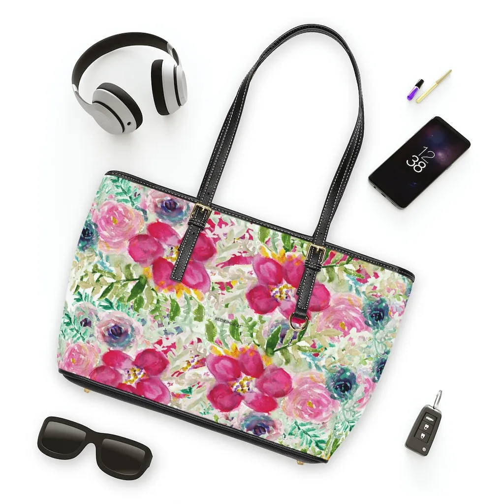 Pink Rose Floral Tote Bag, Flower Print Best Designer Women's PU Leather Shoulder Hand Work Bag