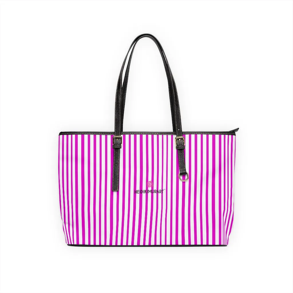 Pink Striped Print Tote Bag, Best Designer PU Leather Shoulder Hand Work Bag 17"x11"/ 16"x10"