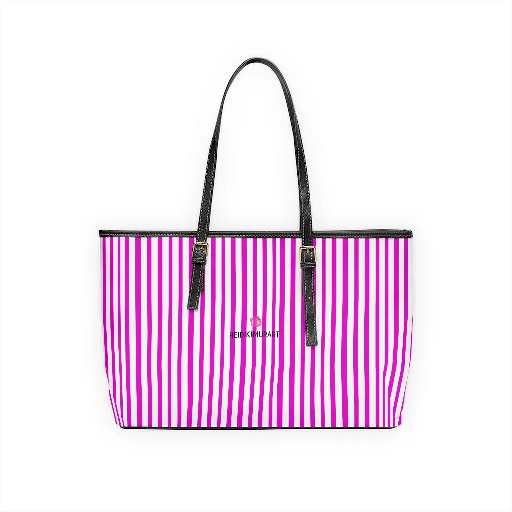 Pink Striped Print Tote Bag, Best Designer PU Leather Shoulder Hand Work Bag 17"x11"/ 16"x10"