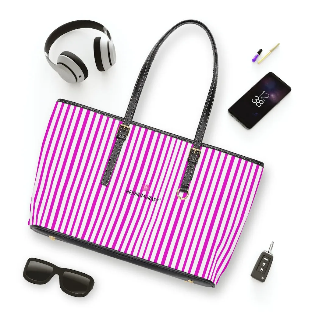 Pink Striped Print Tote Bag, Best Designer PU Leather Shoulder Hand Work Bag 17"x11"/ 16"x10"