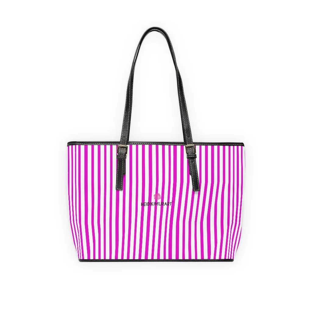 Pink Striped Print Tote Bag, Best Designer PU Leather Shoulder Hand Work Bag 17"x11"/ 16"x10"